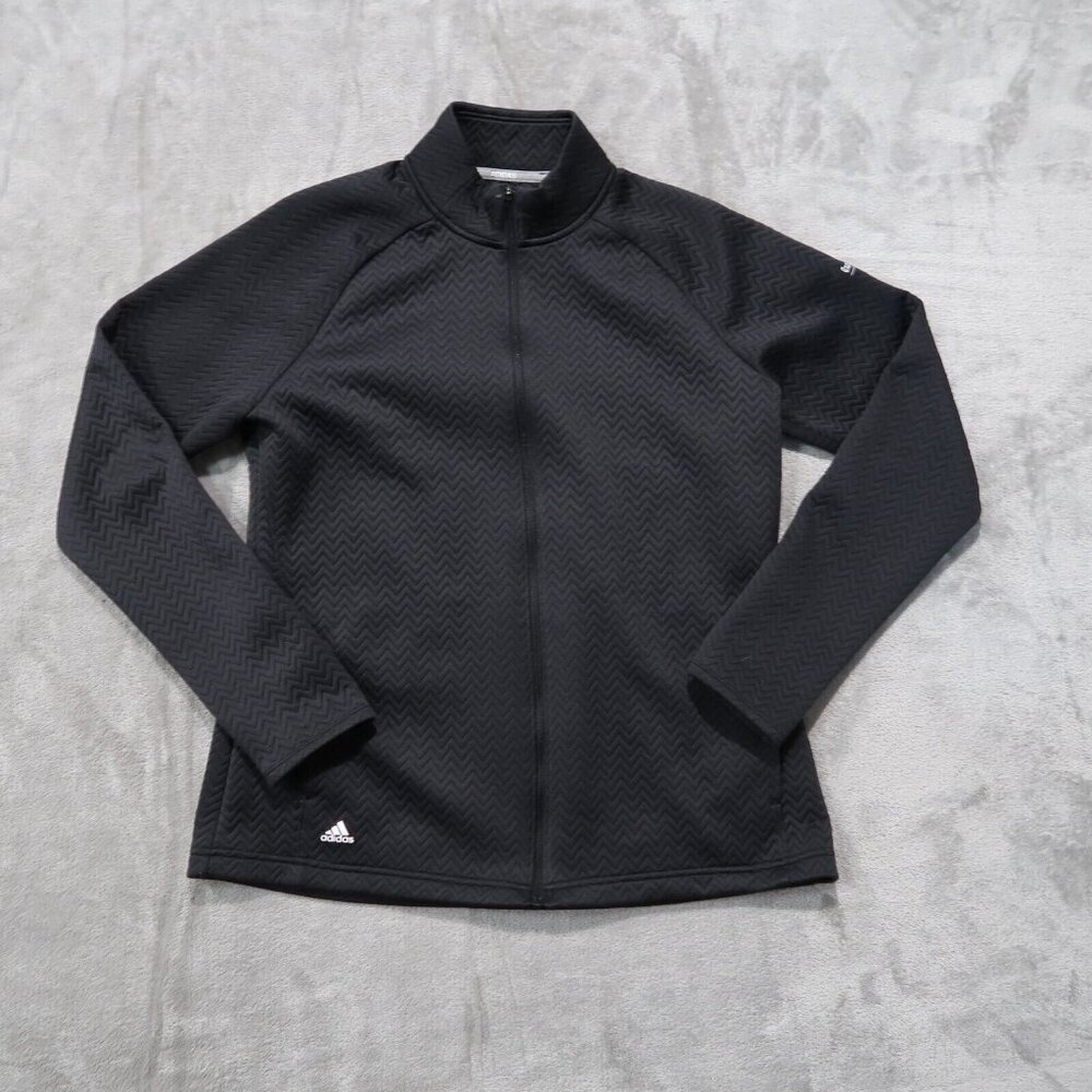 Adidas Jacket Women L Black Textured Layer Jacket Full Zip Embroidery Golf Gym